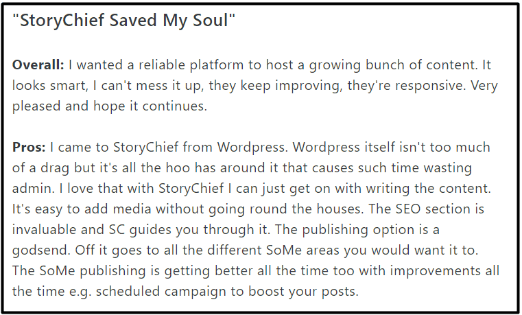 User review on Storychief from Capterra