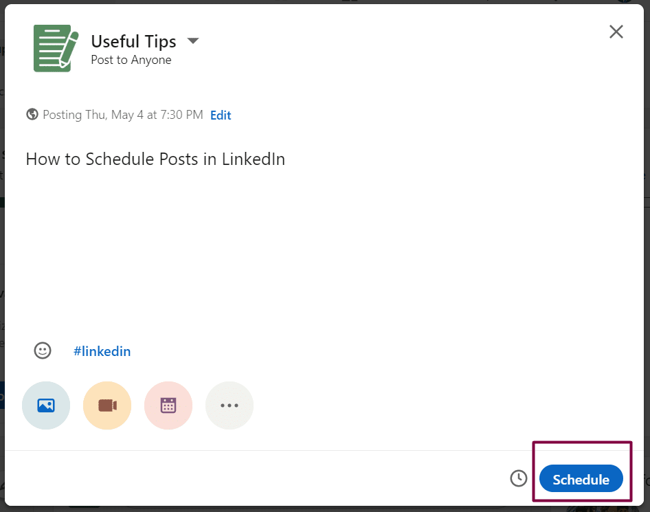Final step to schedule posts in LinkedIn