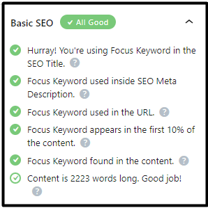 Basic SEO recommendations in Rankmath plugin